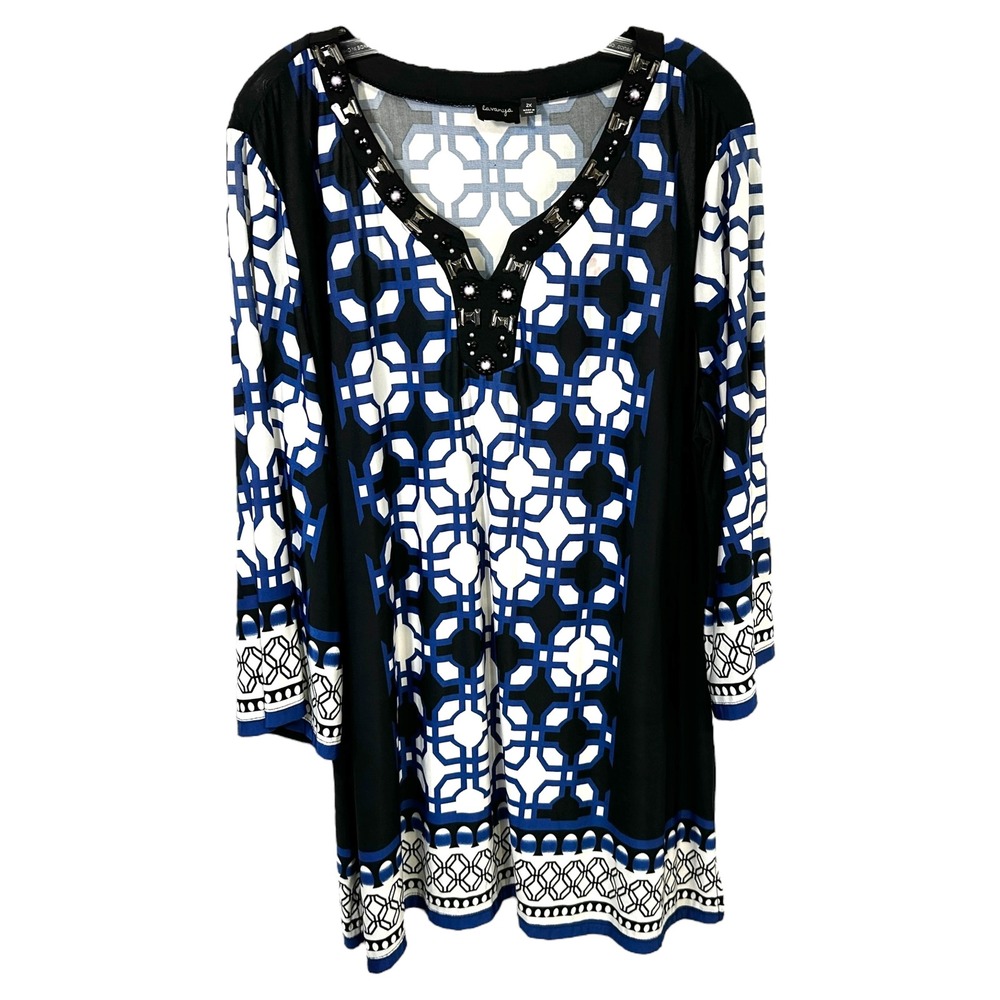 Lavanya Plus Size 2X Tunic Top Geometric Black Blue Beaded V Neck Mature 415‎